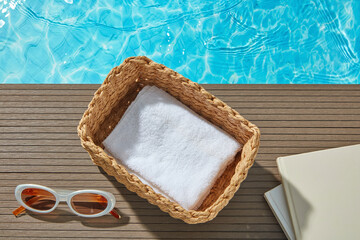 Poolside flat lay with sunglasses, white towel, and woven basket on wooden deck by blue water,...