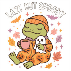 Fototapeta premium Lazy But Spooky - Funny Halloween Frog T-shirt Vector, Spooky Kawaii Frog Shirt Design, Spooky Season Tee Design, Kawaii Halloween Animal Clipart, Halloween Ghost Cartoon Frog Illustration