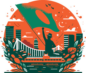 Victory Day Celebration in Bangladesh Patriotic Soldiers Raising National Flag with Peace Signs, War Planes, and Dhaka Skyline Symbolic Vector Art Honoring Liberation and Independence
