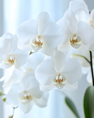Close-up of white phalaenopsis orchids in soft light