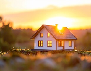 Miniature dream house bathed in golden sunset light