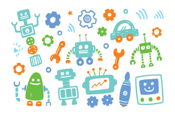 Whimsical Robot World: A collection of adorable, hand-drawn robots, gears, and tools create a playful illustration, perfect for sparking imagination and creativity. 