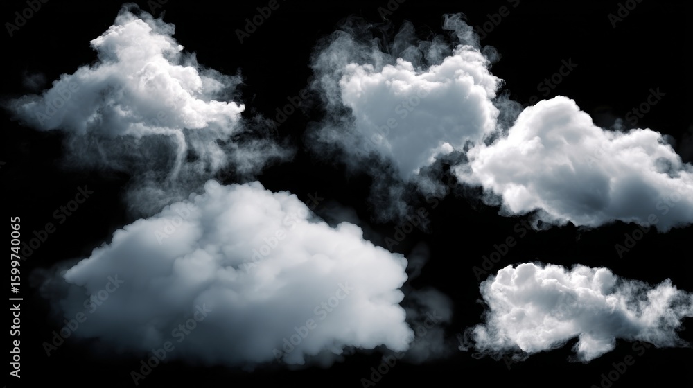 Poster soft, wispy clouds appear in different formations on a black backdrop, creating an ethereal feeling.