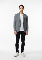 Confident Korean Man in Smart Casual Outfit Standing on White Background
