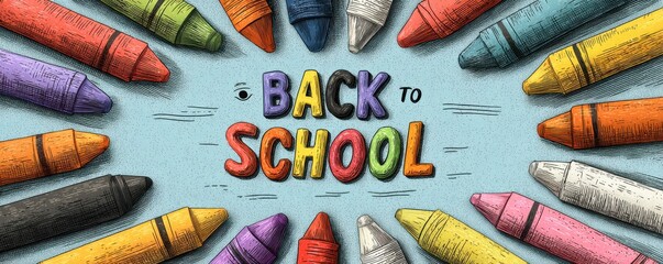 Hand-drawn colorful back-to-school theme with crayons in a circular layout