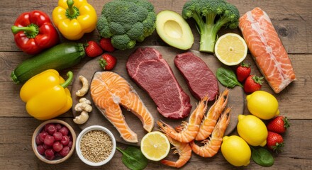 Healthy foods arranged on a wooden surface. Variety of fresh produce and protein sources