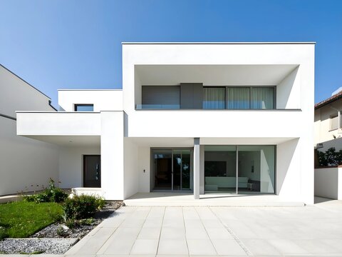 A Contemporary White House with a Balcony and a Small Garden, AI Generated