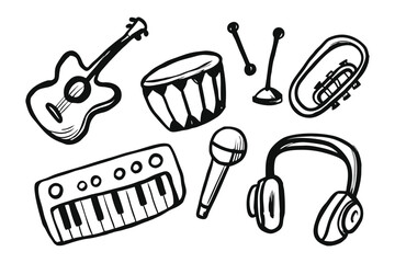 Musical Instruments Ensemble: A captivating ensemble of musical instruments, hand-drawn with simple, clean lines, capturing the essence of music's diverse components.