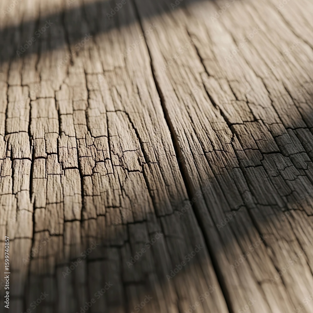 Poster close-up of weathered wood showing cracks and texture, with light and shadow creating depth.