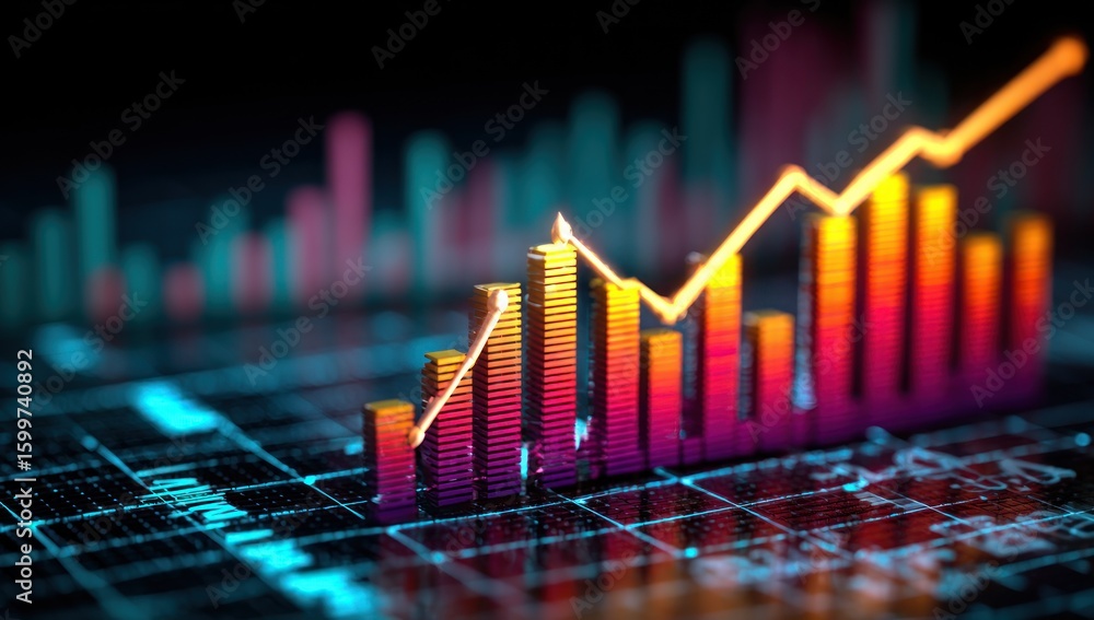 Poster digital graphic of a rising bar graph on a data grid.