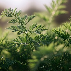 Naklejka premium Delicate carrot foliage glistening with morning dew, bathed in soft sunlight.