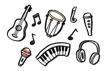 Musical Ensemble Doodle: Hand-drawn sketch of diverse musical instruments and accessories, evoking the energy of a vibrant musical performance. The ensemble includes a guitar, drum, musical notes.