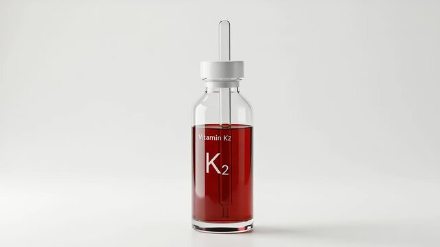 Glass vial containing Vitamin K2 liquid on white background