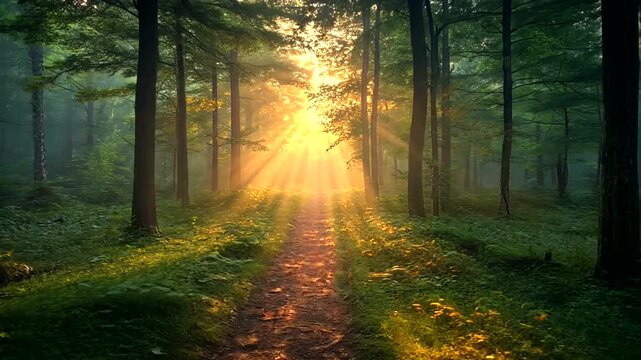 Sunlight streaming through a dense forest onto a winding pathway creates a tranquil scene