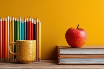 Colorful pencils, red apple, and books arranged on a wooden desk against yellow