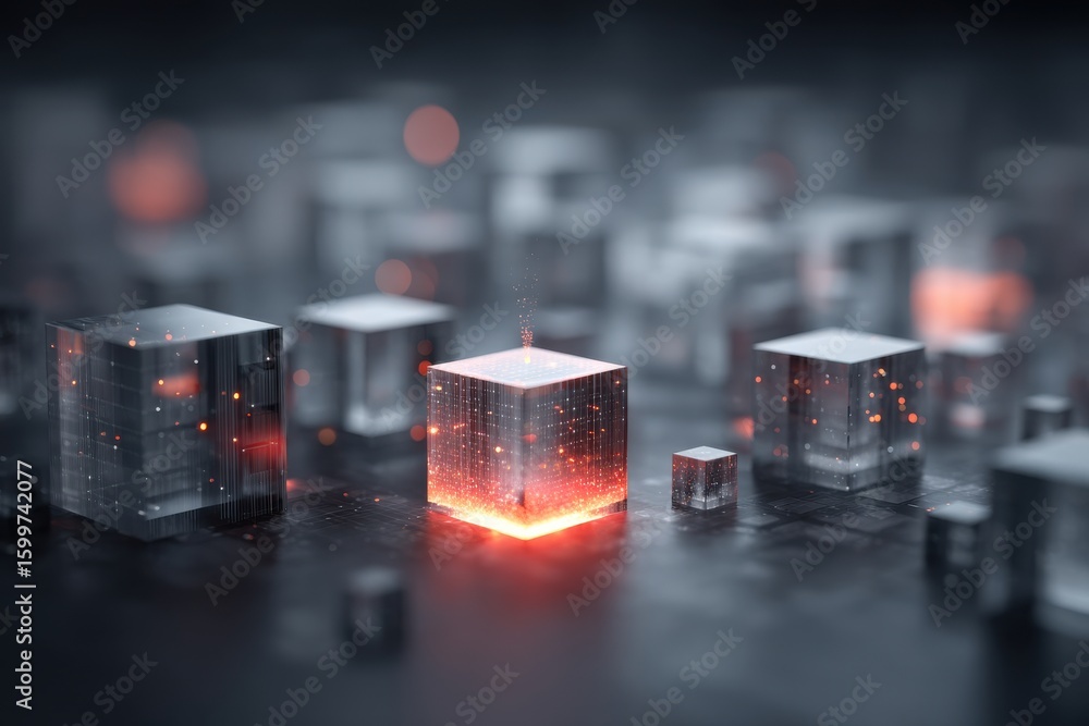 Poster abstract blockchain concept with glowing digital cubes in a futuristic setting