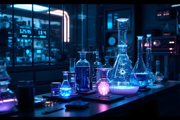 Futuristic Laboratory with Glowing Beakers and Complex Machinery