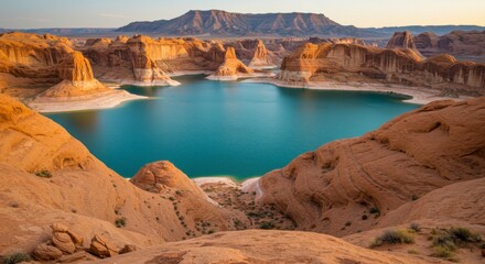 Desert lake nestled in red rock canyons