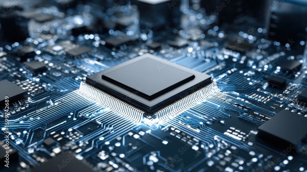 Poster advanced circuitry showcasing a microchip at the center surrounded by intricate connections and glow