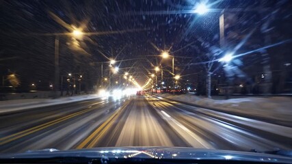 View from a moving car driving on a snowy city road at night with bright headlights and street lights, dynamic atmosphere of winter night and urban road

