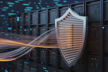 "Encrypted data packets visualized as glowing flowing lines passing through firewall shields in a digital space, dark background with cyber elements, high-res 3D visual"