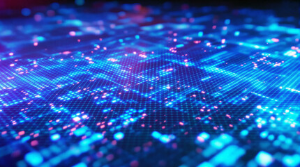 Obraz premium Abstract digital landscape of glowing blue and pink particles forming a gridded, undulating surface with depth of field effect, suggesting a technological or futuristic theme