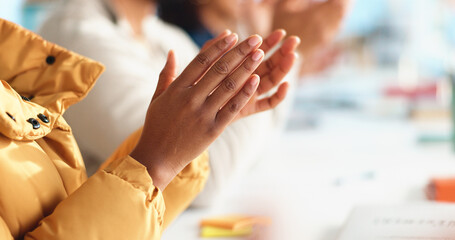 Hands, applause and students with celebration in classroom, motivation and education goals at...