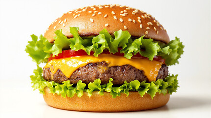 Juicy cheeseburger with sesame seed bun, melted cheese, lettuce, and tomato, photographed against a white background