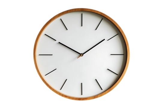 Minimalist round wall clock with white face and wooden frame isolated on white or transparent png, showing ten minutes past ten