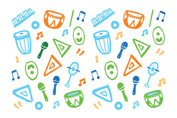 Musical Rhapsody: A vibrant assortment of musical instruments, from melodic pianos to percussive drums and playful maracas, dances across the visual plane, an abstract expression of sound and rhythm.