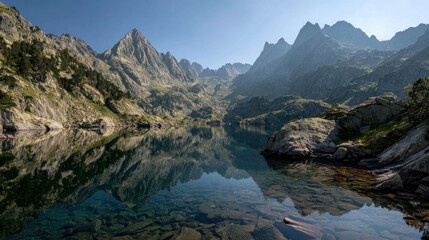 Serene mountain lake mirroring peaks
