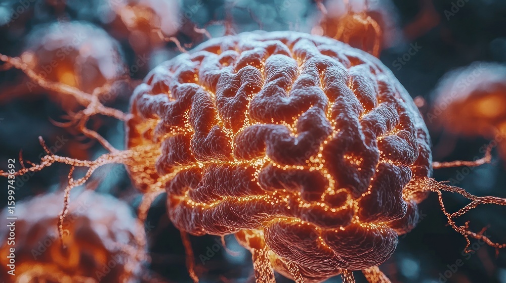 Poster illuminated brain: a 3d render of the human brain's neural network