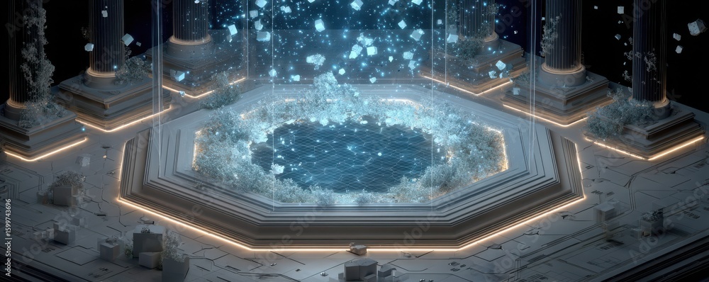 Poster futuristic architectural chamber with floating light emitting wireframe elements