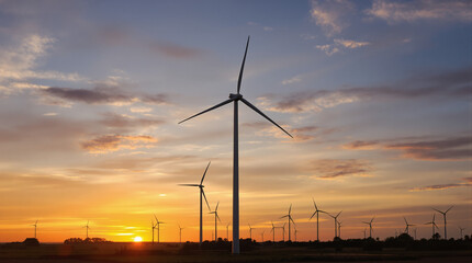 Silhouetted wind turbines stand tall against a vibrant sunset over a flat, grassy landscape, suggesting clean energy and a harmonious blend of nature and technology
