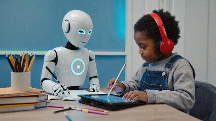 Future Learning: A child engages with a futuristic robot companion, creating an image of collaborative learning, enhancing skills with the use of modern technology. 