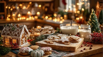 Fototapeta premium Festive holiday scene featuring a beautifully decorated gingerbread house, assorted cookies, and warm lights creating a cozy atmosphere for seasonal celebrations and gatherings