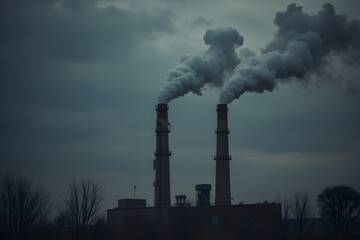 Smoke from factory pipe against dark overcast sky. 3d rendering.