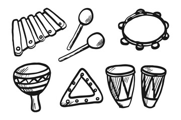 Music Instrument Sketch: A detailed illustration of diverse percussion instruments, showcasing the variety of tones and textures available to music makers. 