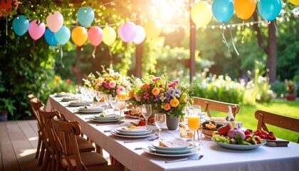 Obraz premium Outdoor garden party, sun-drenched table set for a festive celebration, with colorful balloons and floral arrangements