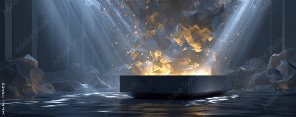 Poster abstract installation with glowing geometric fragments in an atmospheric setting