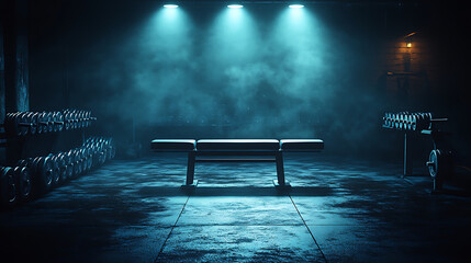 Gym interior with bench and weights illuminated by spotlights with smoky atmosphere