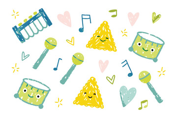 Cute Musical Instrument Seamless Pattern: Charming and whimsical seamless pattern featuring delightful illustrations of musical instruments.