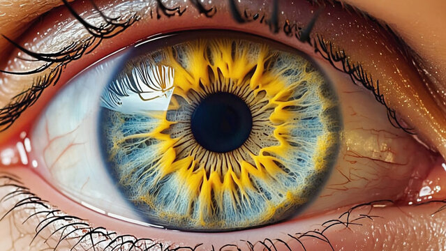 Detailed Human Eye Iris Macro Photography Featuring Vibrant Yellow Blue Gold Colors Demonstrating Complex Anatomy for Medical Scientific Biometric Understanding