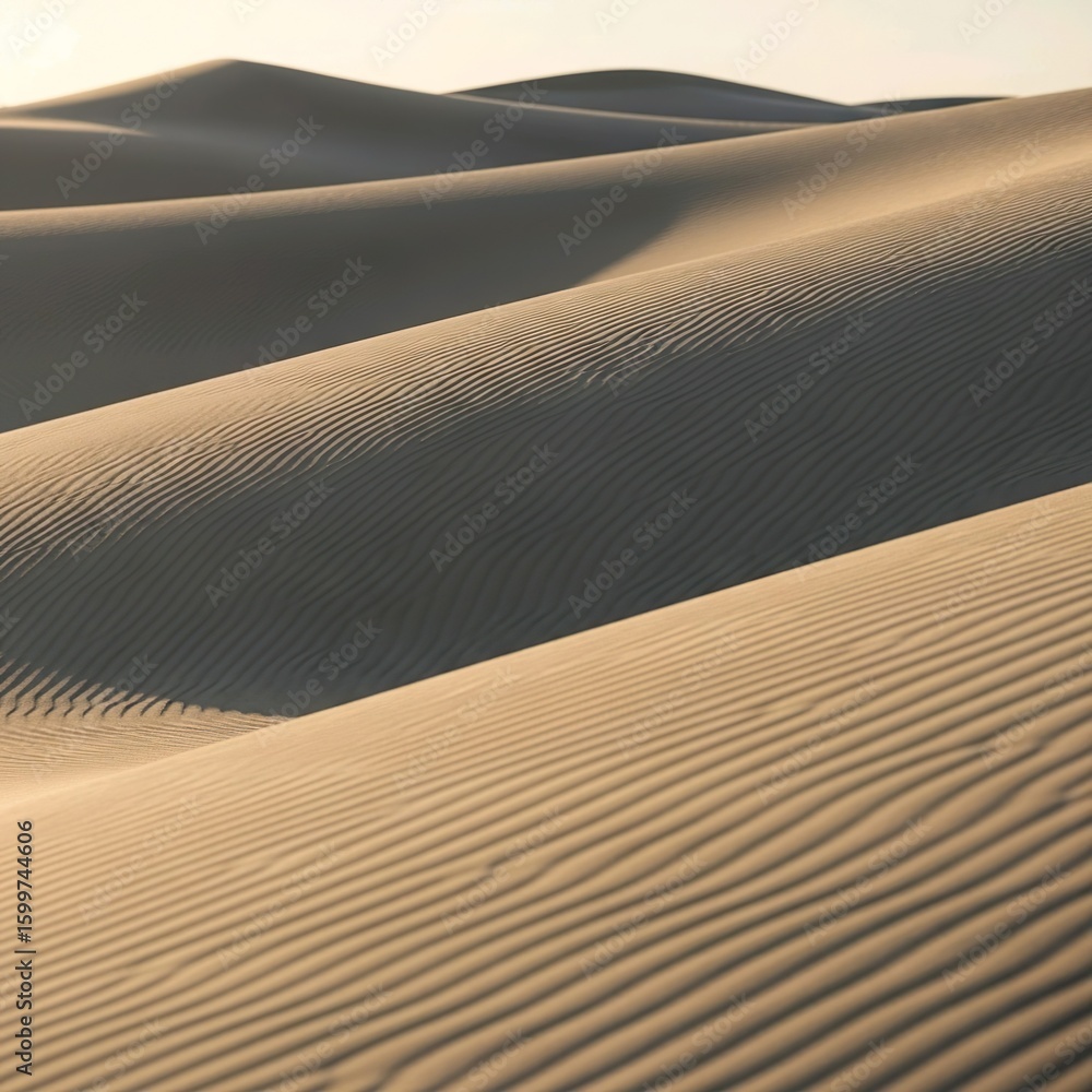 Poster close-up view of undulating sand dunes, showcasing intricate patterns and textures.