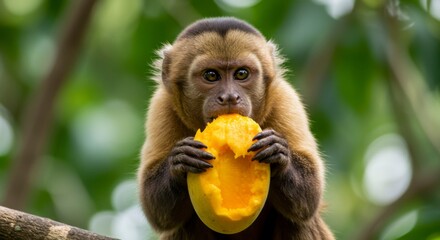 Fototapeta premium A small monkey, brown fur, sits on a branch, intently devouring a juicy yellow mango