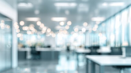A contemporary office setting filled with natural light. The layout features open spaces, many desks, and glass walls, creating a productive atmosphere during regular working hours.