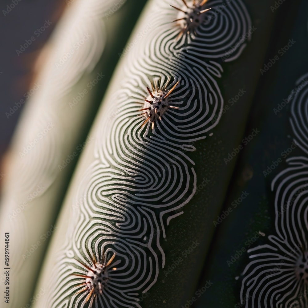 Poster close-up of a cactus showing its intricate white patterns and sharp spines.
