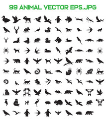 99 Animal Vector Silhouettes Set – Wildlife, Birds, Mammals, Insects, Reptiles, Black Icons, EPS JPG, Nature Clipart, Animal Illustrations for Design, Logo, Print, and Web
