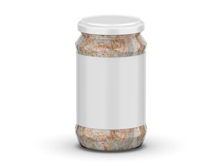 Sauerkraut glass jar mockup template. Marinated cabbage in glass jar with paper lid isolated on white background, 3d illustration