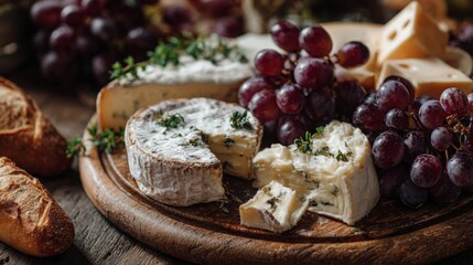Delicious cheese platter with fresh grapes and crusty bread arranged for a gathering